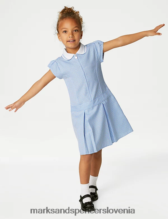 gingham šolska obleka z gubami svetlo modra Marks & Spencer šolska uniforma otroci 6T8F6X9140