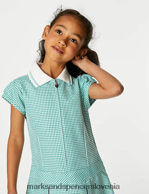 gingham šolska obleka z gubami zelena Marks & Spencer šolska uniforma otroci 6T8F6X9142