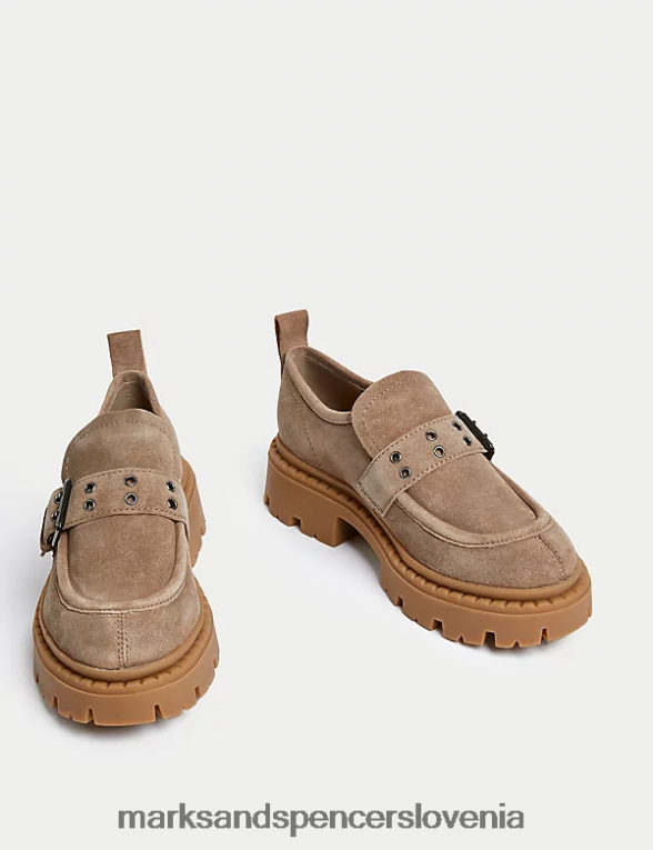 široki loaferji iz semiša z zaponko svetlo kaki Marks & Spencer čevlje uniseks 6T8F6X1925