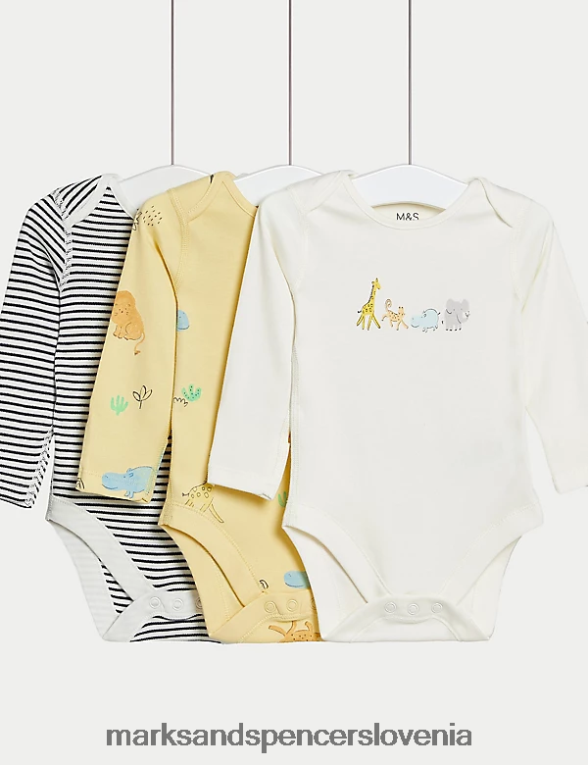 3pk čisti bombažni safari & črtasti bodiji rumena mešanica Marks & Spencer oblačila uniseks 6T8F6X7795