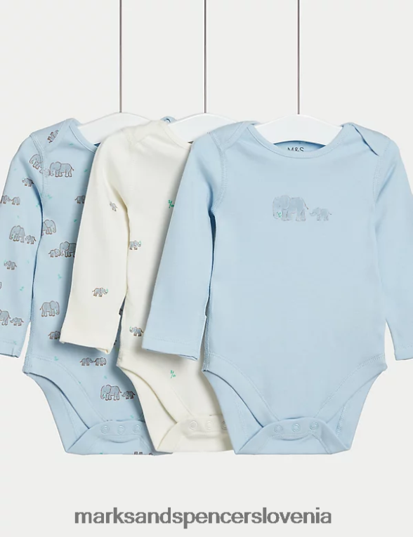 Bodi s potiskom slonov iz čistega bombaža 3pk ledeno modra Marks & Spencer oblačila uniseks 6T8F6X7493