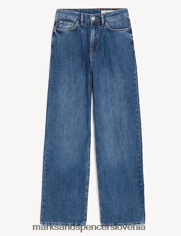široke kavbojke z visokim pasom iz mešanice lanu srednji indigo Marks & Spencer oblačila uniseks 6T8F6X1906