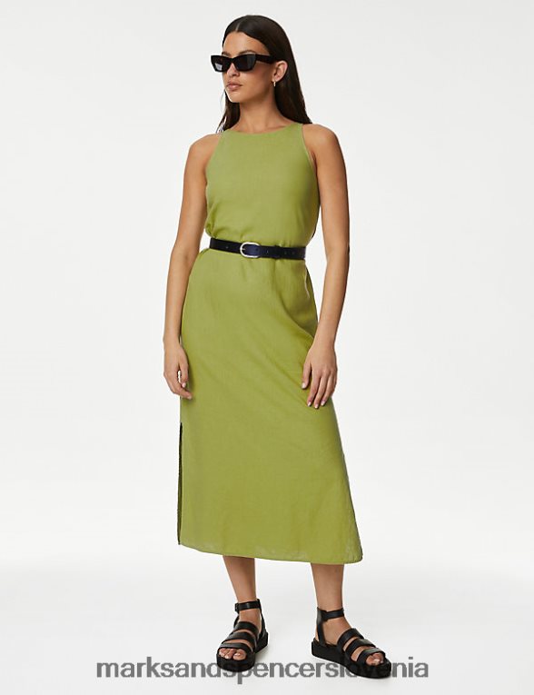 midi obleka z bogatim platnom in visokim izrezom srednje zelena Marks & Spencer oblačila uniseks 6T8F6X1126