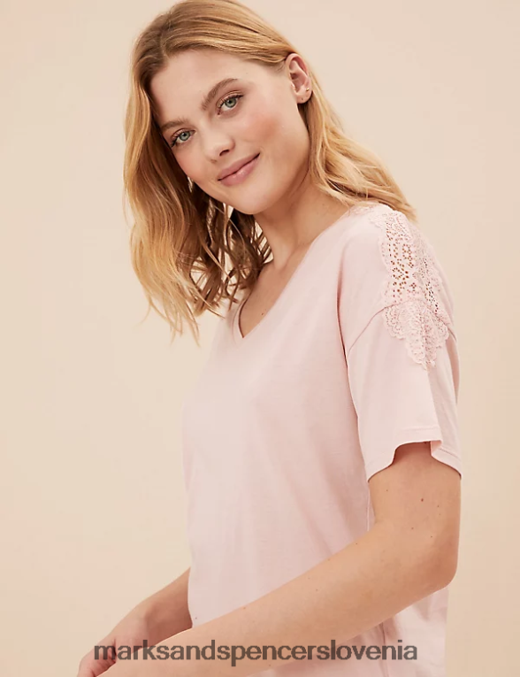 komplet pižame iz bombažne modalne čipke nežno roza Marks & Spencer spodnje perilo uniseks 6T8F6X3377