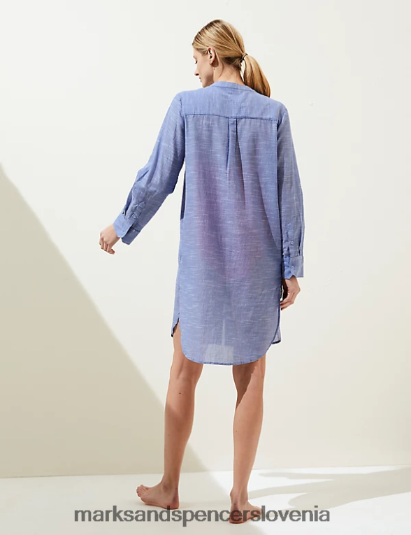 srajca za na plažo brez ovratnika iz čistega bombaža chambray Marks & Spencer kopalke in oblačila za plažo ženske 6T8F6X1201