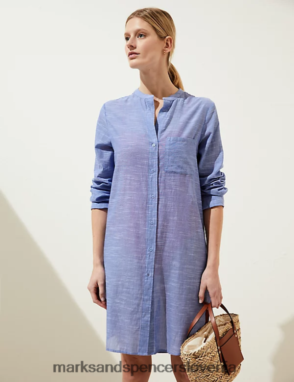 srajca za na plažo brez ovratnika iz čistega bombaža chambray Marks & Spencer kopalke in oblačila za plažo ženske 6T8F6X1201
