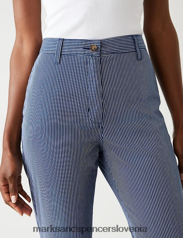 bombažni črtasti slim chinos hlače mornarska mešanica Marks & Spencer oblačila ženske 6T8F6X1004