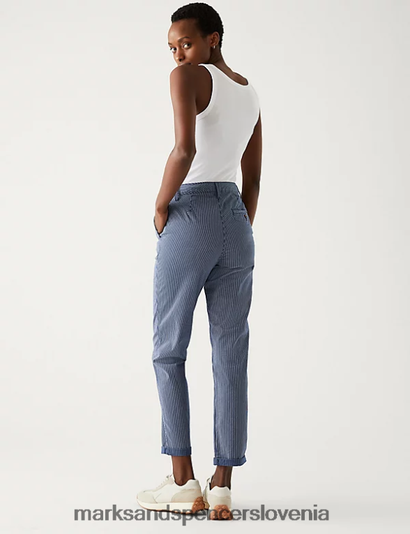 bombažni črtasti slim chinos hlače mornarska mešanica Marks & Spencer oblačila ženske 6T8F6X1004