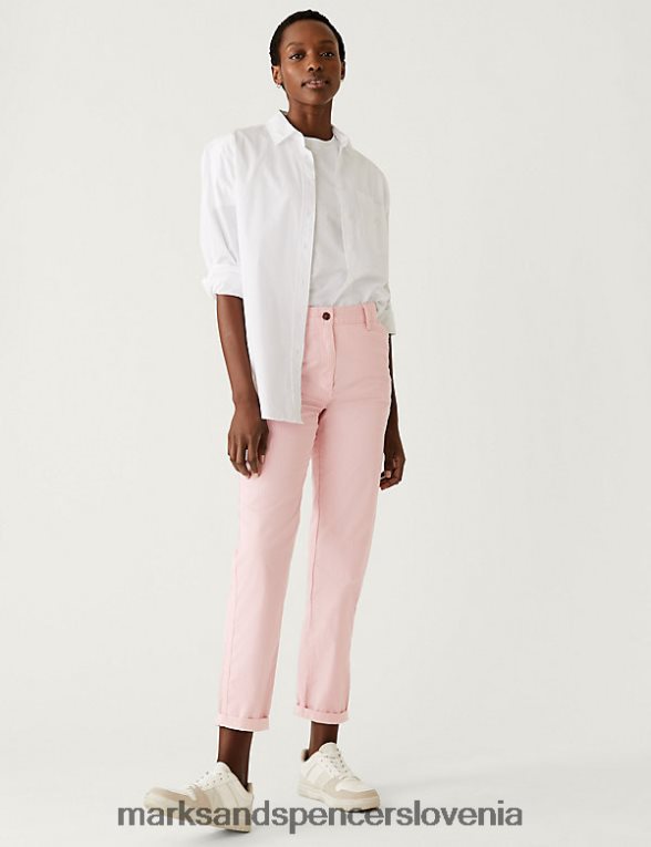 bombažni črtasti slim chinos hlače roza mešanica Marks & Spencer oblačila ženske 6T8F6X1005