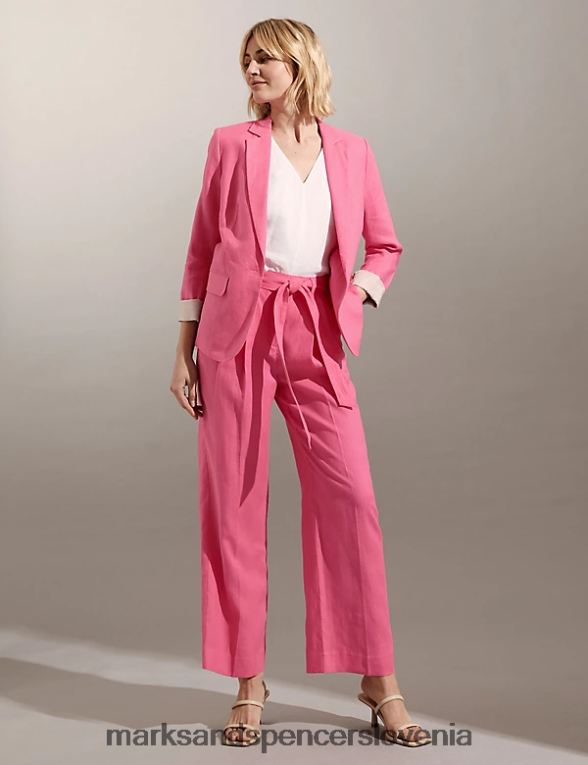 široke hlače iz čistega lanu roza Marks & Spencer oblačila ženske 6T8F6X1104