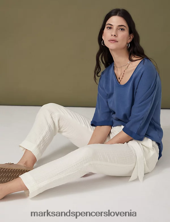 zožene hlače iz čistega bombaža s pasom ekru Marks & Spencer oblačila ženske 6T8F6X1510