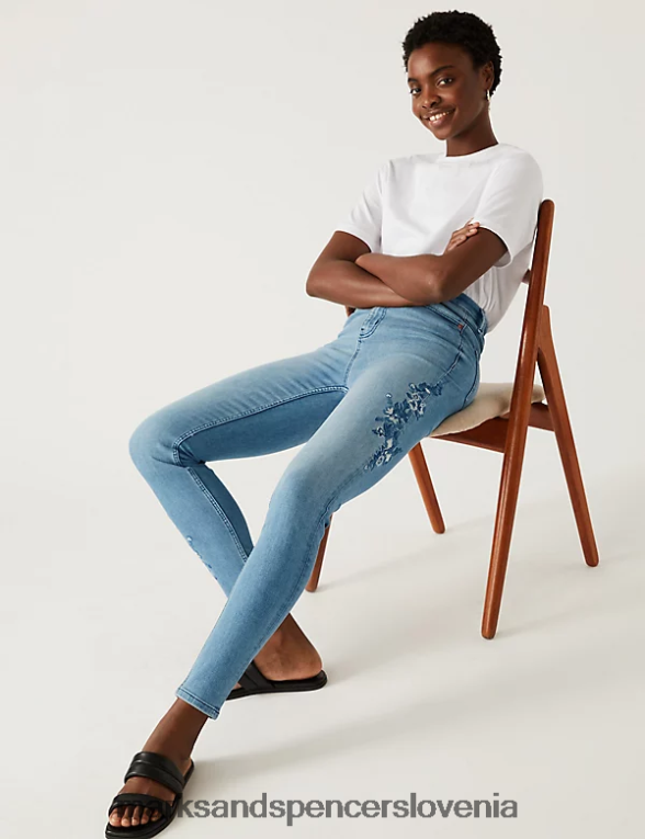 vezene ozke kavbojke z visokim pasom ivy svetlo indigo Marks & Spencer oblačila ženske 6T8F6X1253