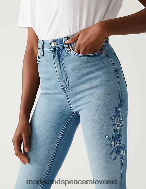vezene ozke kavbojke z visokim pasom ivy svetlo indigo Marks & Spencer oblačila ženske 6T8F6X1253