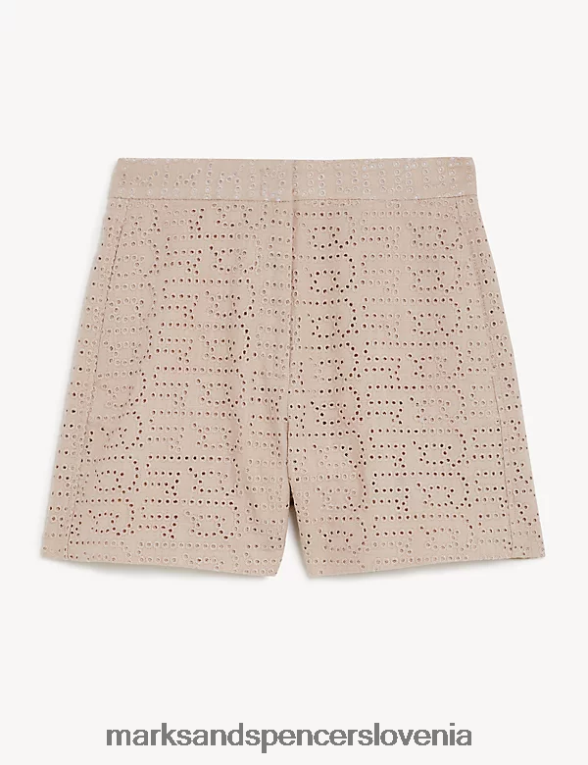 kratke hlače broderie iz lanene mešanice z visokim pasom nevtralen Marks & Spencer oblačila ženske 6T8F6X3161
