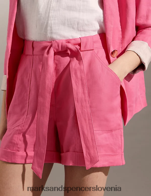 kratke hlače s pasom iz čistega lanu roza Marks & Spencer oblačila ženske 6T8F6X2528