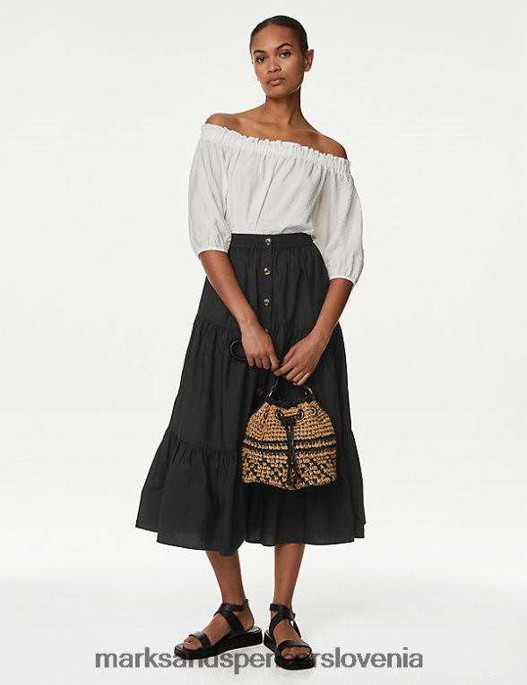 bombažno midi krilo z gumbi Črna Marks & Spencer oblačila ženske 6T8F6X480