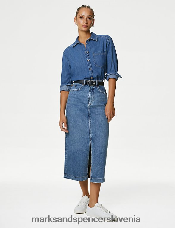 denim denim midi krilo spredaj srednji indigo Marks & Spencer oblačila ženske 6T8F6X665