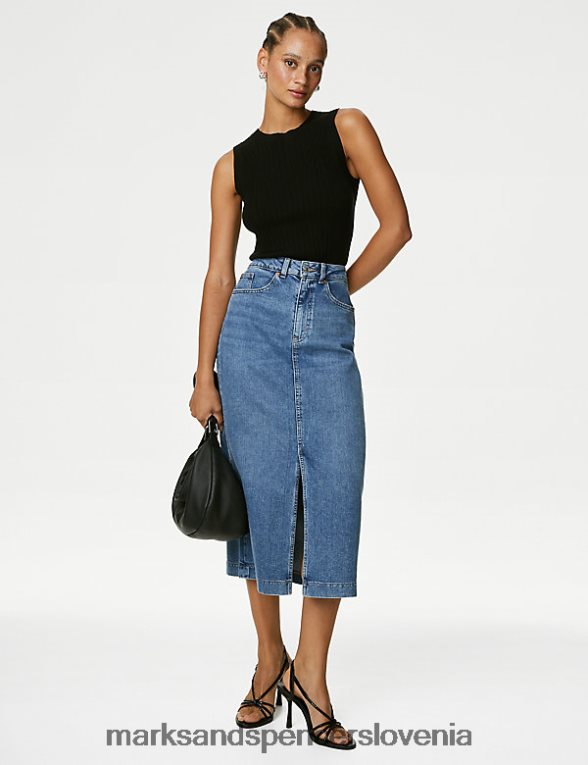 denim denim midi krilo spredaj srednji indigo Marks & Spencer oblačila ženske 6T8F6X665