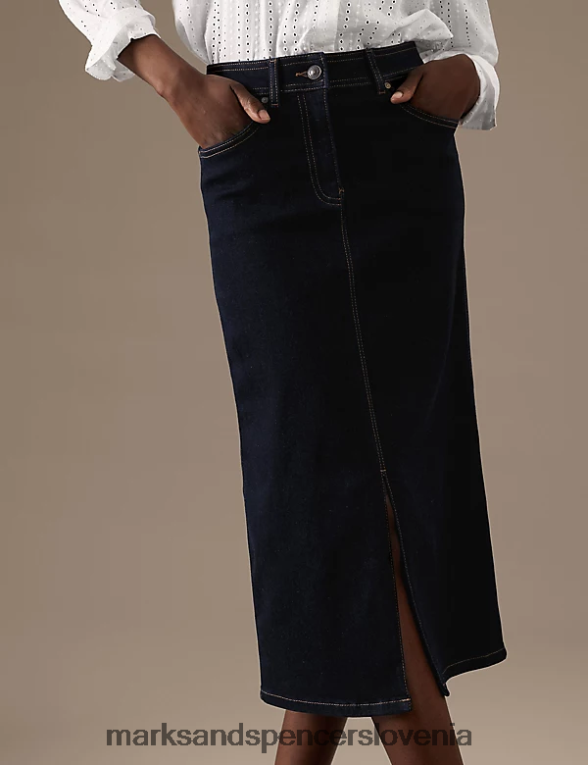 krilo a-kroja midaxi spredaj iz jeansa indigo Marks & Spencer oblačila ženske 6T8F6X306