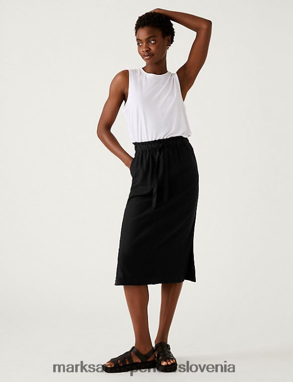 laneno midi krilo Črna Marks & Spencer oblačila ženske 6T8F6X287