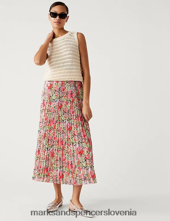 potiskano plisirano midaxi krilo roza mešanica Marks & Spencer oblačila ženske 6T8F6X1668