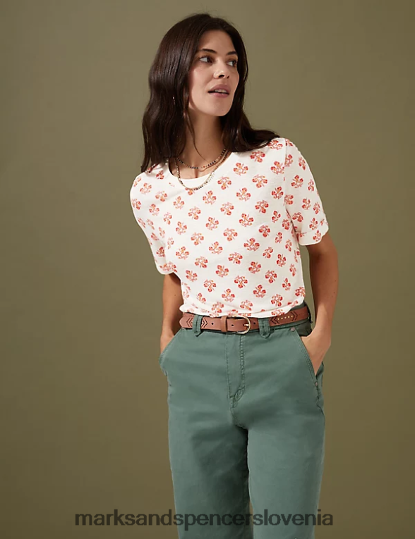 Geometrična majica s kratkimi rokavi iz mešanice lanu mešanica smetane Marks & Spencer oblačila ženske 6T8F6X2210