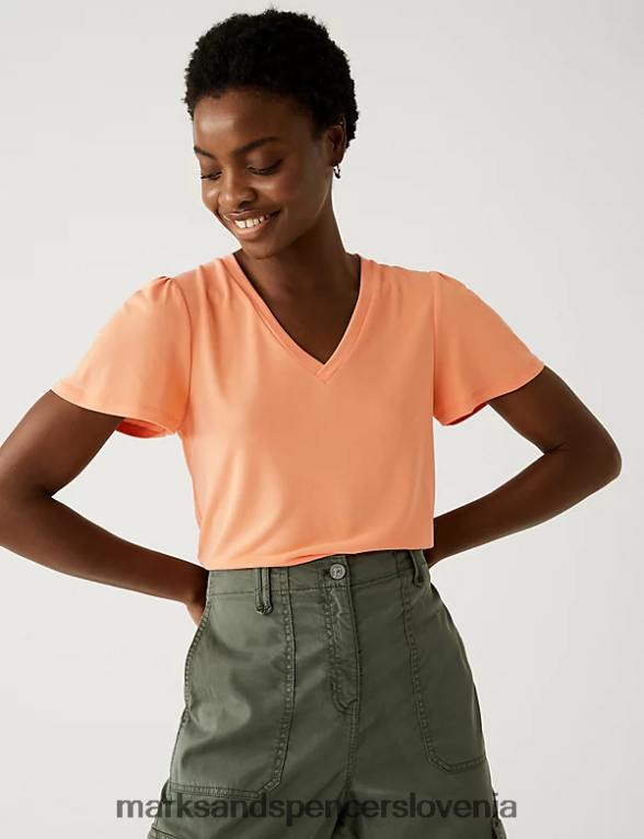 Majica s kratkimi rokavi z angelskimi rokavi iz džersija svetlo oranžna Marks & Spencer oblačila ženske 6T8F6X3075