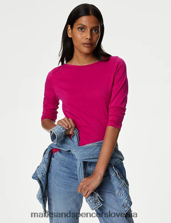 bombažna ozka majica s 3/4 rokavi cerise Marks & Spencer oblačila ženske 6T8F6X1218