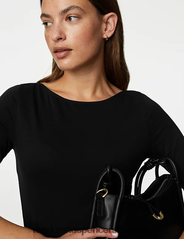 bombažna ozka majica s 3/4 rokavi Črna Marks & Spencer oblačila ženske 6T8F6X1217