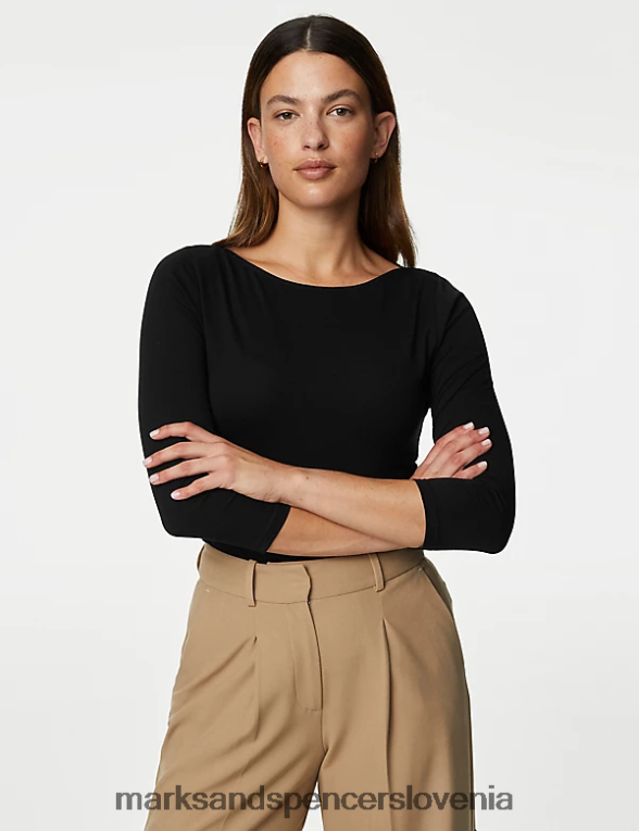 bombažna ozka majica s 3/4 rokavi Črna Marks & Spencer oblačila ženske 6T8F6X1217