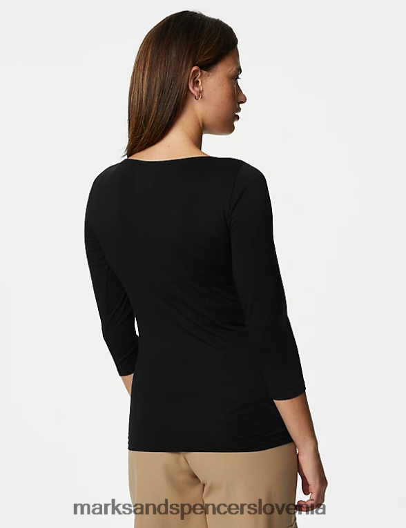 bombažna ozka majica s 3/4 rokavi Črna Marks & Spencer oblačila ženske 6T8F6X1217