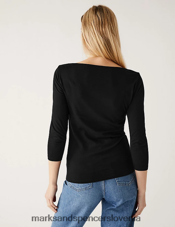 bombažna ozka majica s 3/4 rokavi Črna Marks & Spencer oblačila ženske 6T8F6X1217