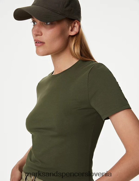bombažna ozka majica s kratkimi rokavi lovec zelena Marks & Spencer oblačila ženske 6T8F6X1810