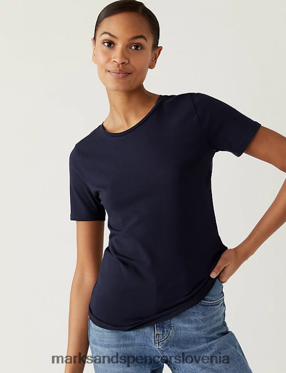 bombažna ozka majica s kratkimi rokavi mornarica Marks & Spencer oblačila ženske 6T8F6X1808