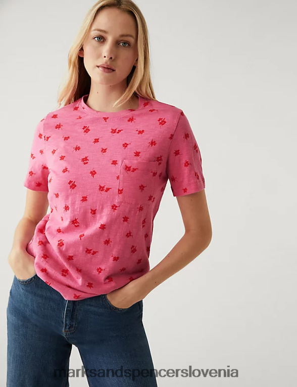 žepna majica s potiskom iz čistega bombaža roza mešanica Marks & Spencer oblačila ženske 6T8F6X2075