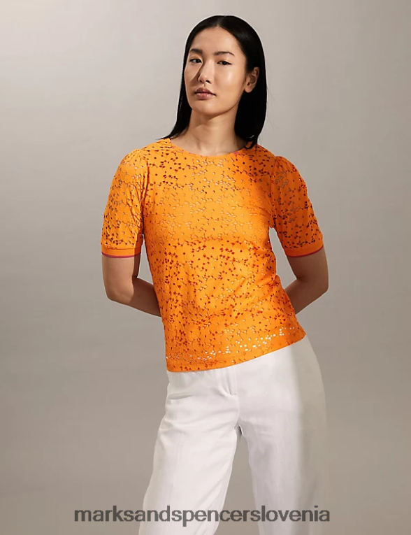 čipkasta majica s kratkimi rokavi oranžna Marks & Spencer oblačila ženske 6T8F6X2622