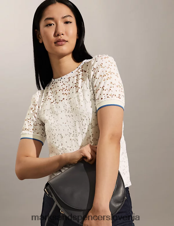 čipkasta majica s kratkimi rokavi slonovina Marks & Spencer oblačila ženske 6T8F6X2263