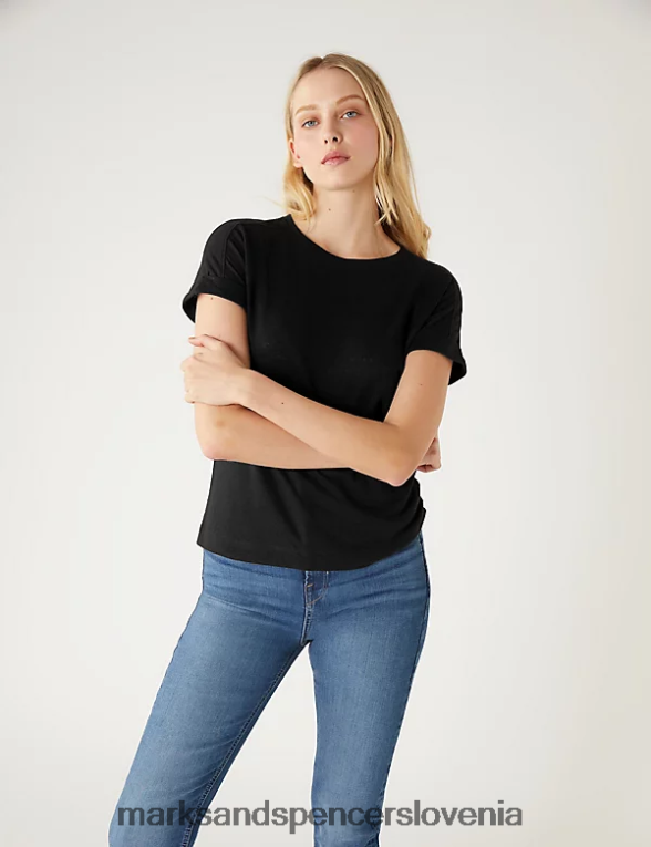 lanena majica s kratkimi rokavi Črna Marks & Spencer oblačila ženske 6T8F6X2477