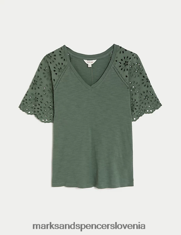 majica s kratkimi rokavi iz čistega bombaža starinsko zelena Marks & Spencer oblačila ženske 6T8F6X2180
