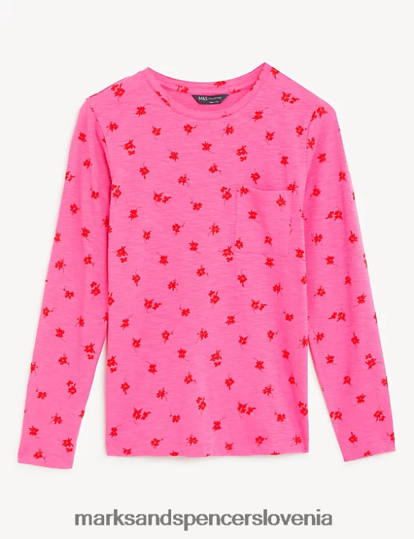 majica s potiskom iz čistega bombaža z okroglim izrezom srednje roza Marks & Spencer oblačila ženske 6T8F6X2384