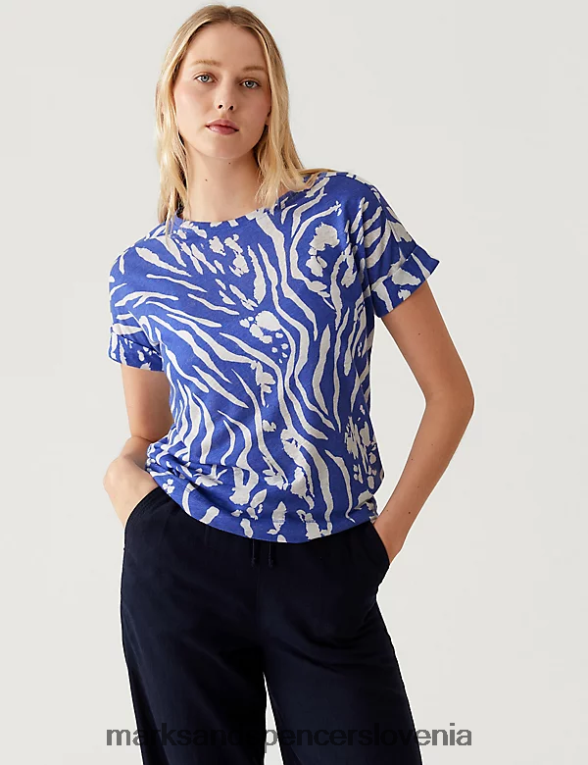 majica s potiskom v bogatem lanu svetlo modra mešanica Marks & Spencer oblačila ženske 6T8F6X3036