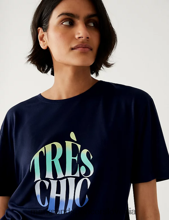 sproščena majica s potiskom z okroglim izrezom mornarska mešanica Marks & Spencer oblačila ženske 6T8F6X1323