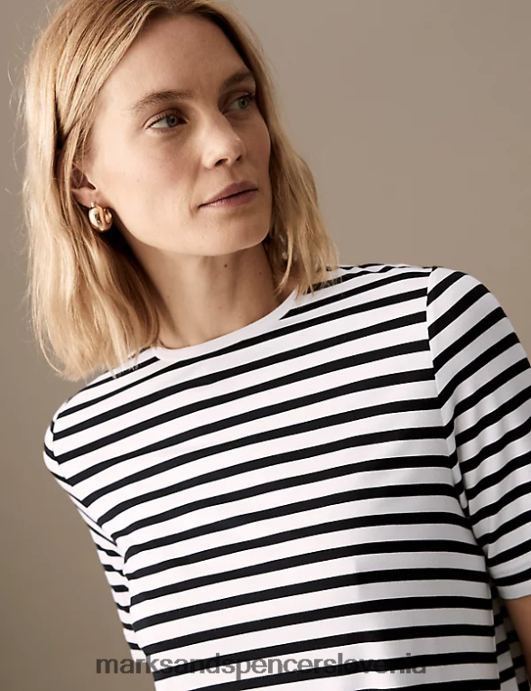 sproščena majica s črtasto majico z okroglim izrezom črna mešanica Marks & Spencer oblačila ženske 6T8F6X3175