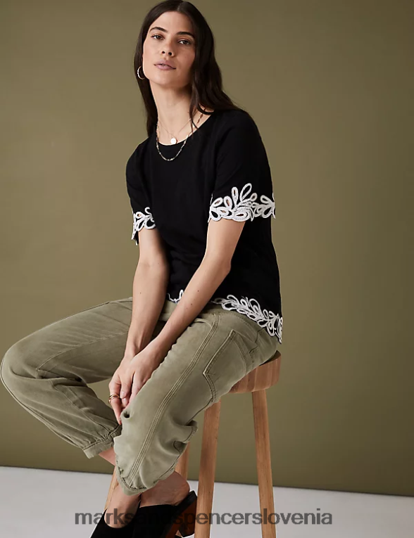 vezena majica iz čistega bombaža Črna Marks & Spencer oblačila ženske 6T8F6X3319