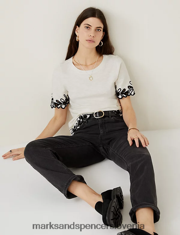 vezena majica iz čistega bombaža slonovina Marks & Spencer oblačila ženske 6T8F6X3032