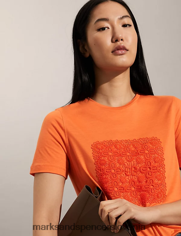 vezena majica s kratkimi rokavi oranžna Marks & Spencer oblačila ženske 6T8F6X2807