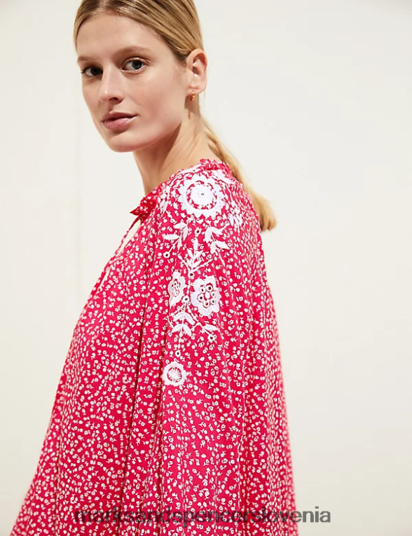 Kaftan za plažo s potiskom iz čistega bombaža svetlo rdeča Marks & Spencer oblačila ženske 6T8F6X814