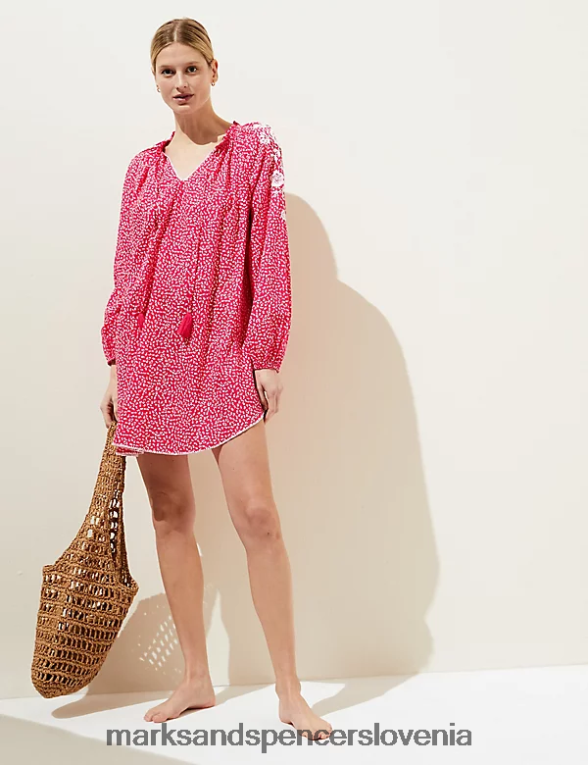 Kaftan za plažo s potiskom iz čistega bombaža svetlo rdeča Marks & Spencer oblačila ženske 6T8F6X814