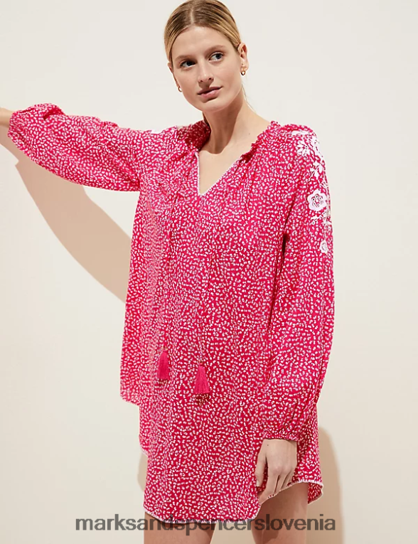 Kaftan za plažo s potiskom iz čistega bombaža svetlo rdeča Marks & Spencer oblačila ženske 6T8F6X814