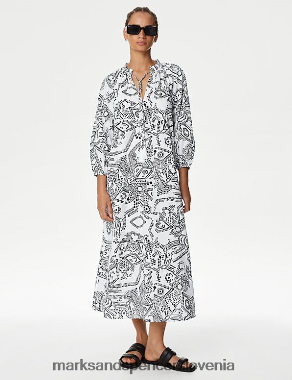 Midi kaftan obleka s potiskom iz čistega bombaža bela mešanica Marks & Spencer oblačila ženske 6T8F6X131